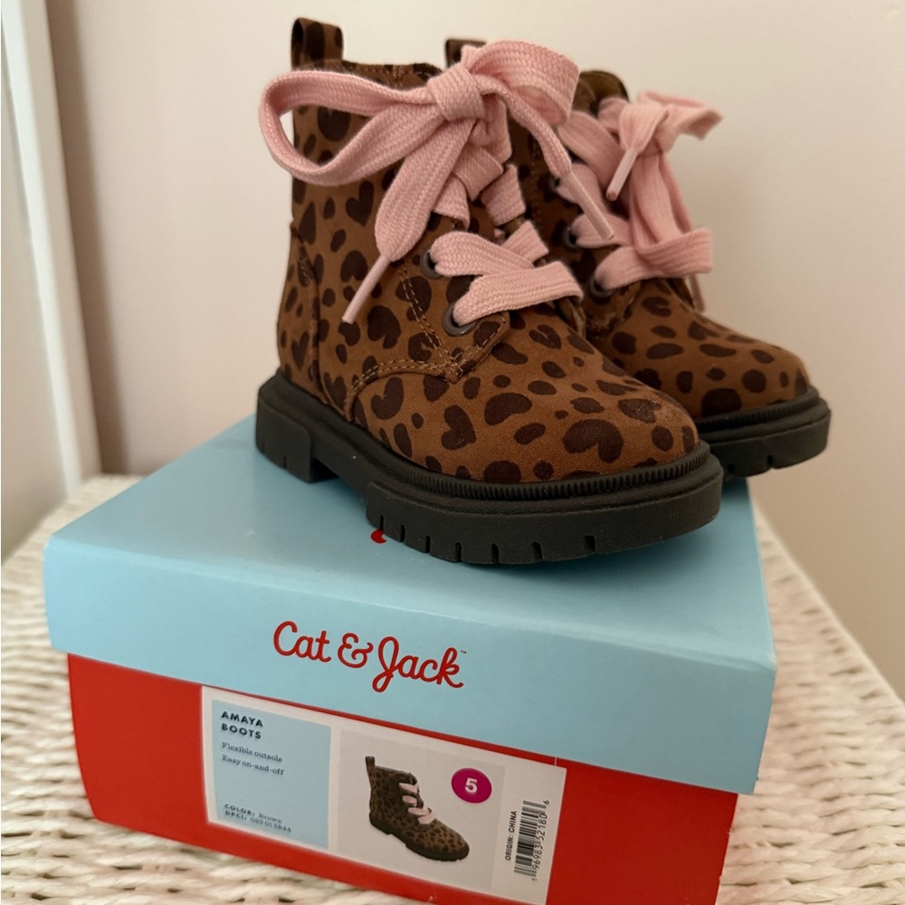 New Cat & Jack Girls' Leopard Print Brown Boots with Pink Laces